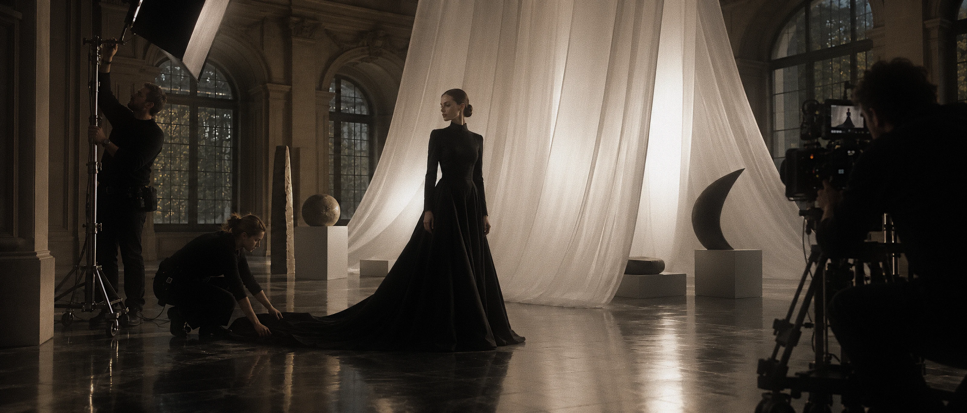 Studio Sanch production crew preparing a black gown