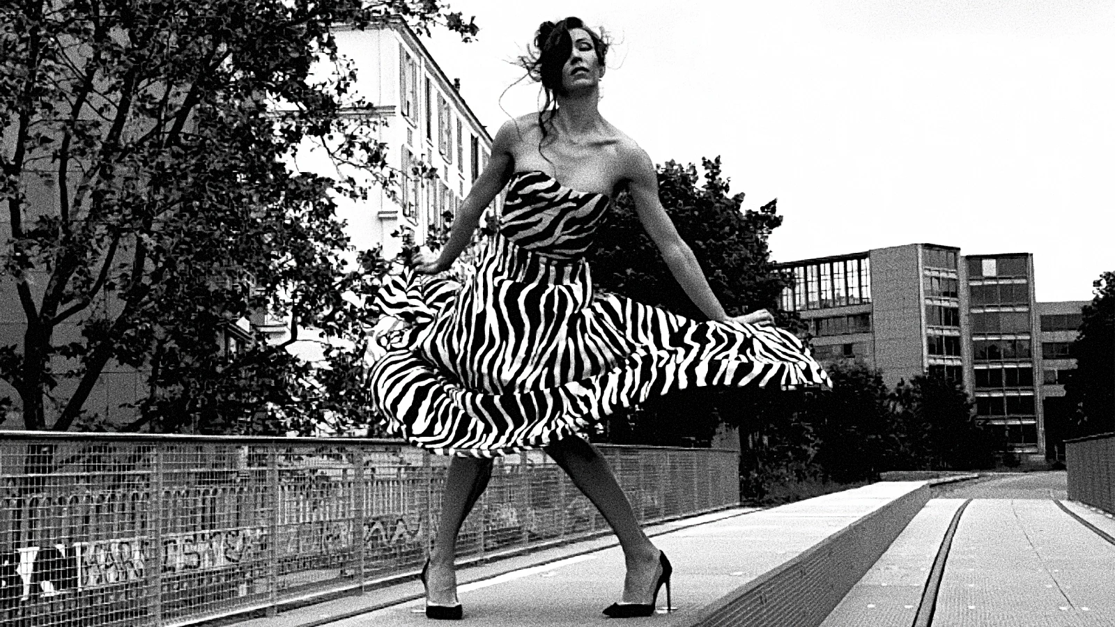 Black-and-white outdoor fashion study